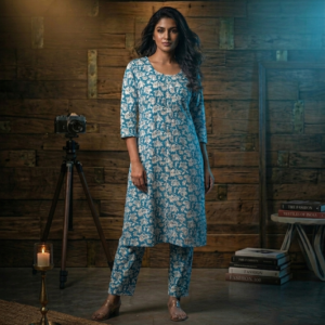 Sky Blue Floral Rayon Cord Set