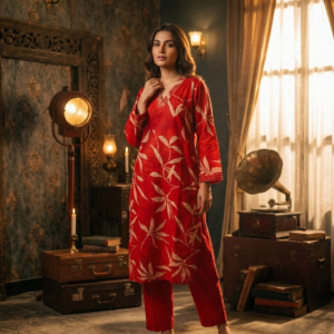 Red Leaf Print Kurta Pant Set for Women