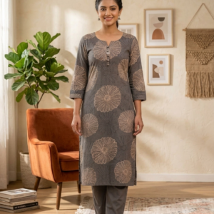 Grey Floral Printed Kurta Pant Set for Women